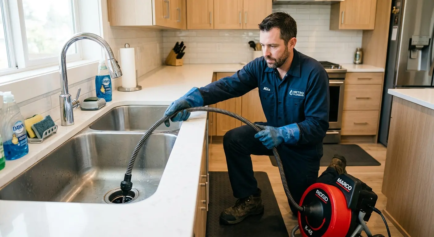 Drain cleaning technician using a motorized snake on a kitchen sink in Oro Valley