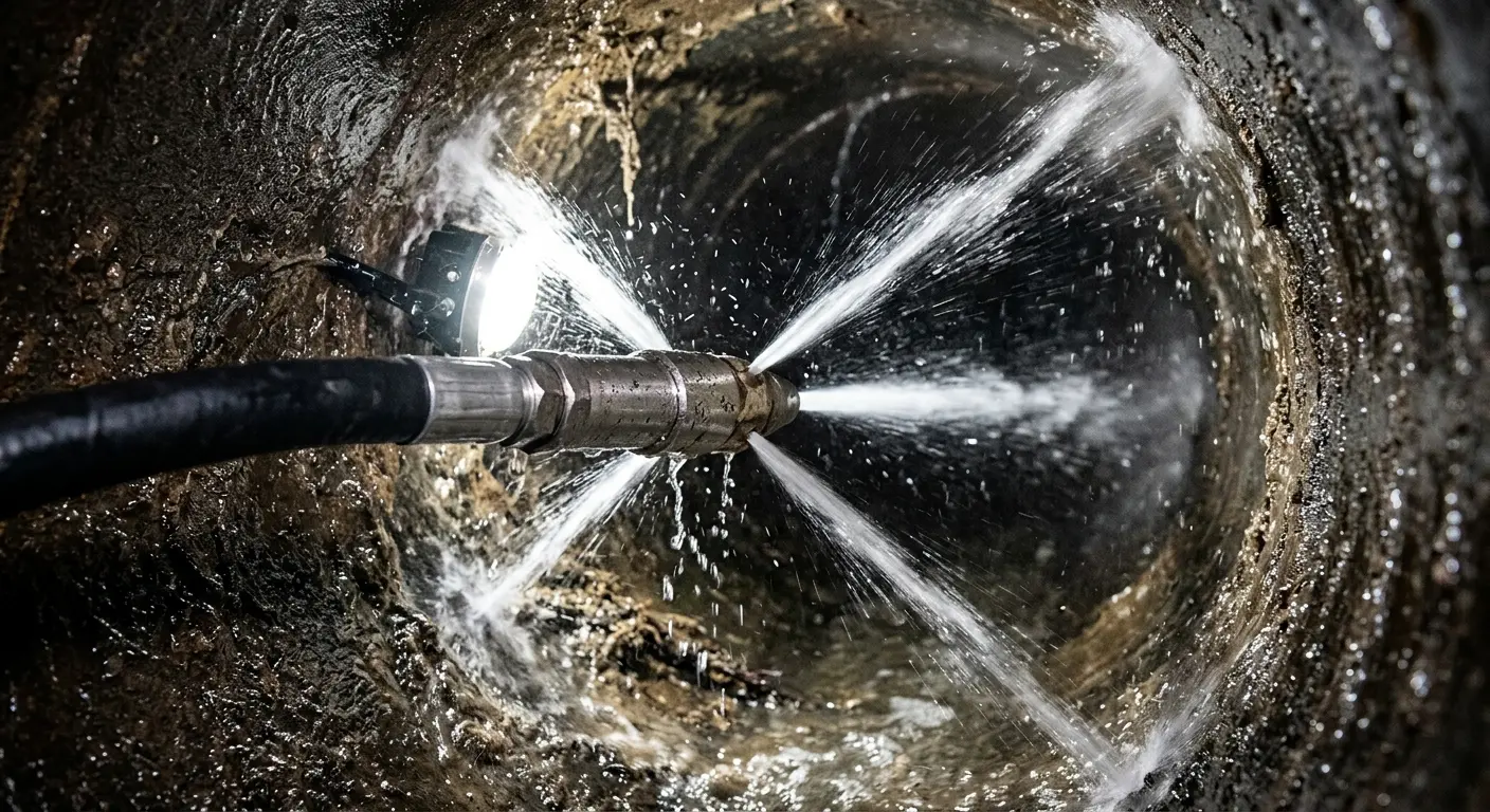 High-pressure hydro jetting nozzle cleaning sewer pipe for Trenchless Sewer Repair in Oro Valley